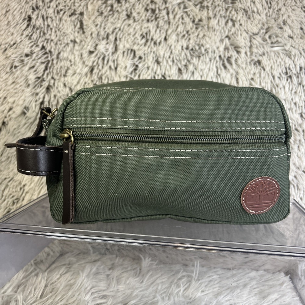Timberland Canvas Toiletry Travel Bag Shave Leather Handle Zip Olive Green